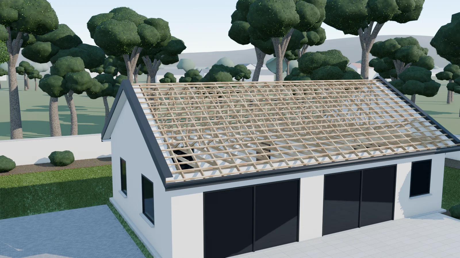 Before: roof trusses with no tiles
