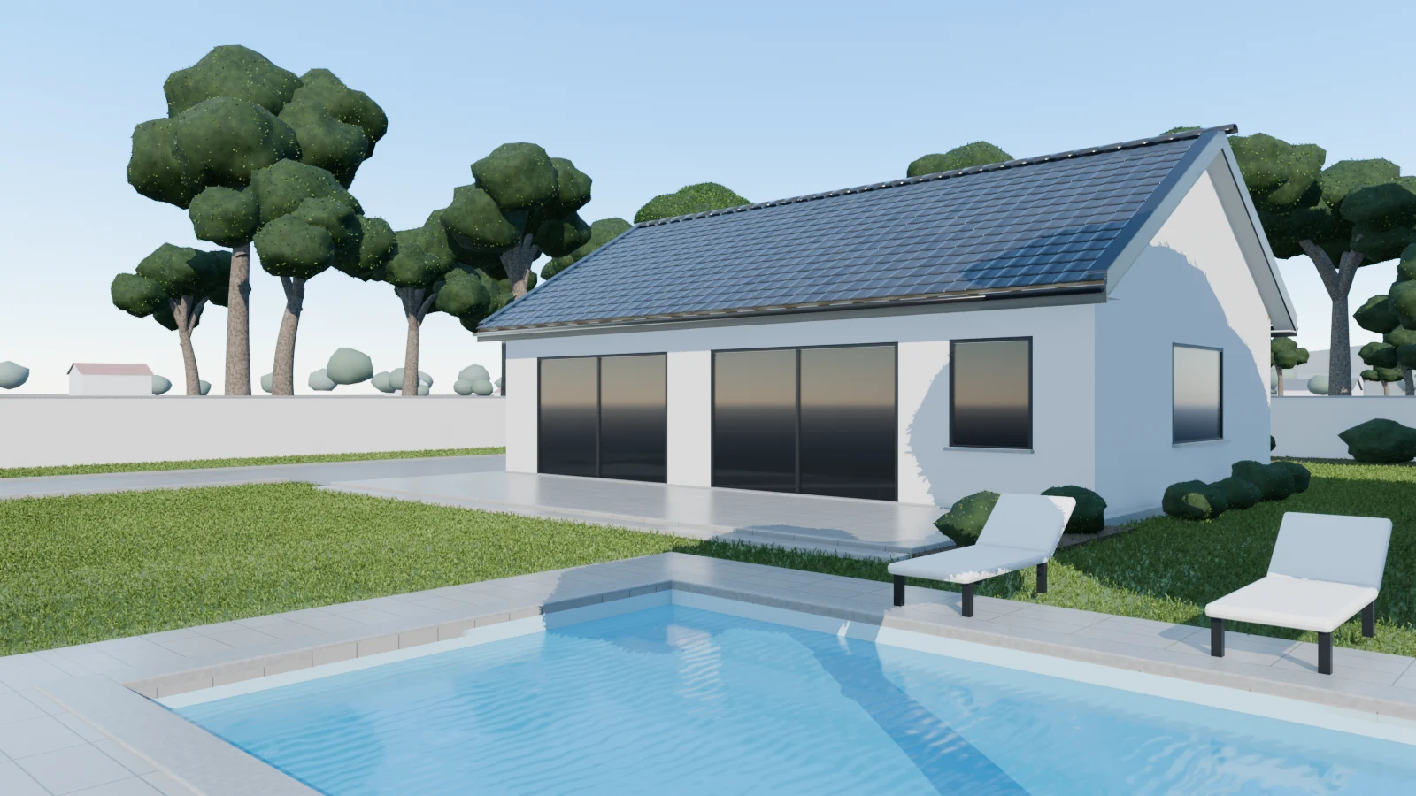 A paved patio with sliding doors leading to a pool