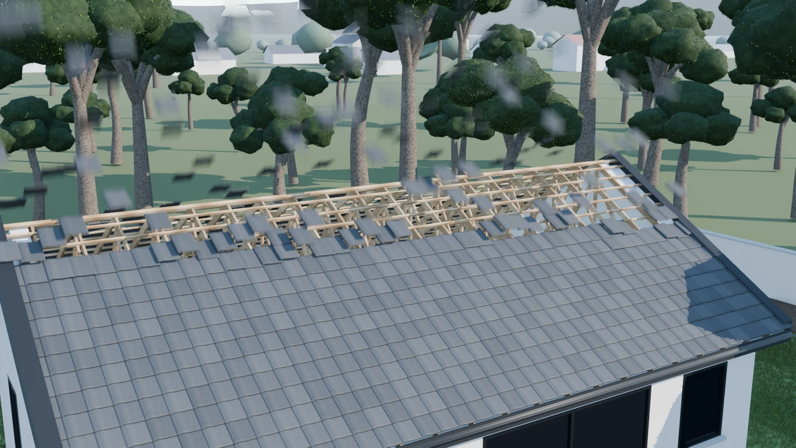 Roof tiles being laid course by course over timber battens