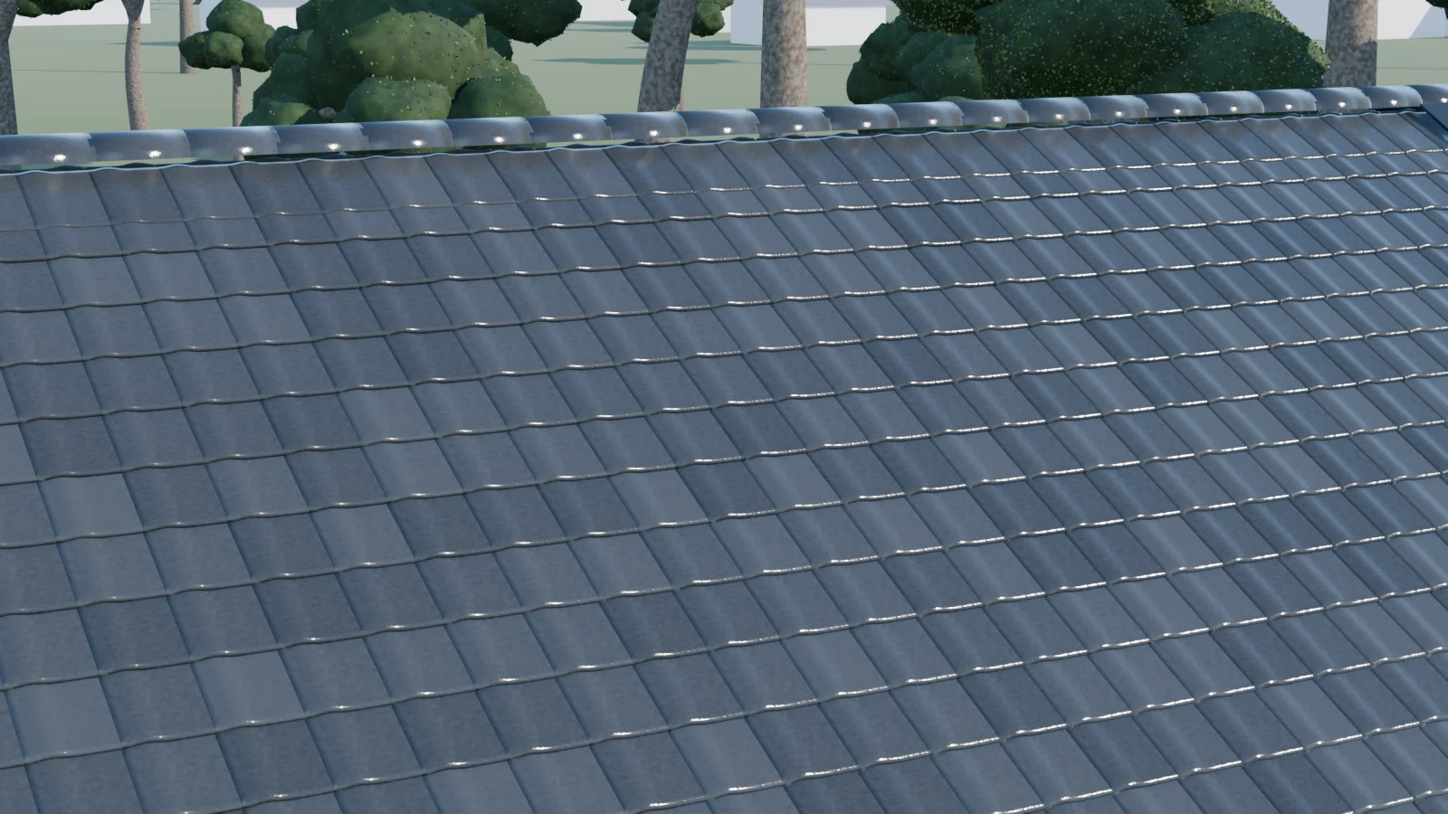Close-up of wet charcoal roof tiles catching the sun
